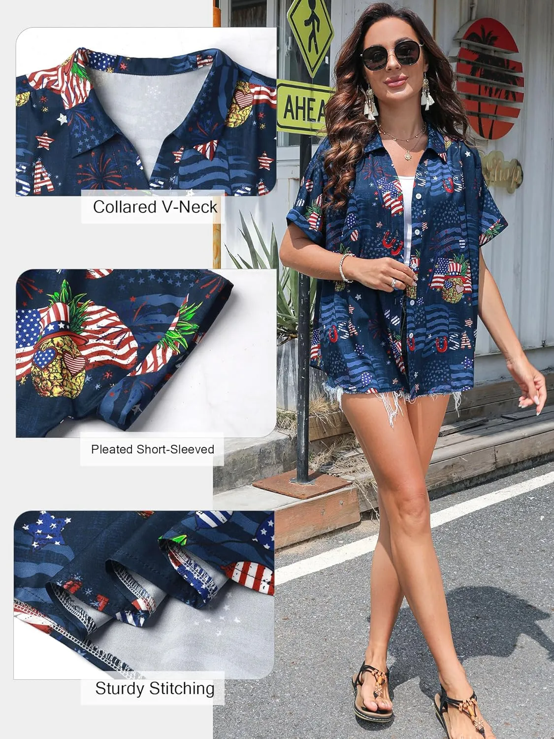ZXZY Mama Shirt Hawaiian Short Sleeve Blouses Fourth of July Shirts for Women Vneck Tshirts Tops