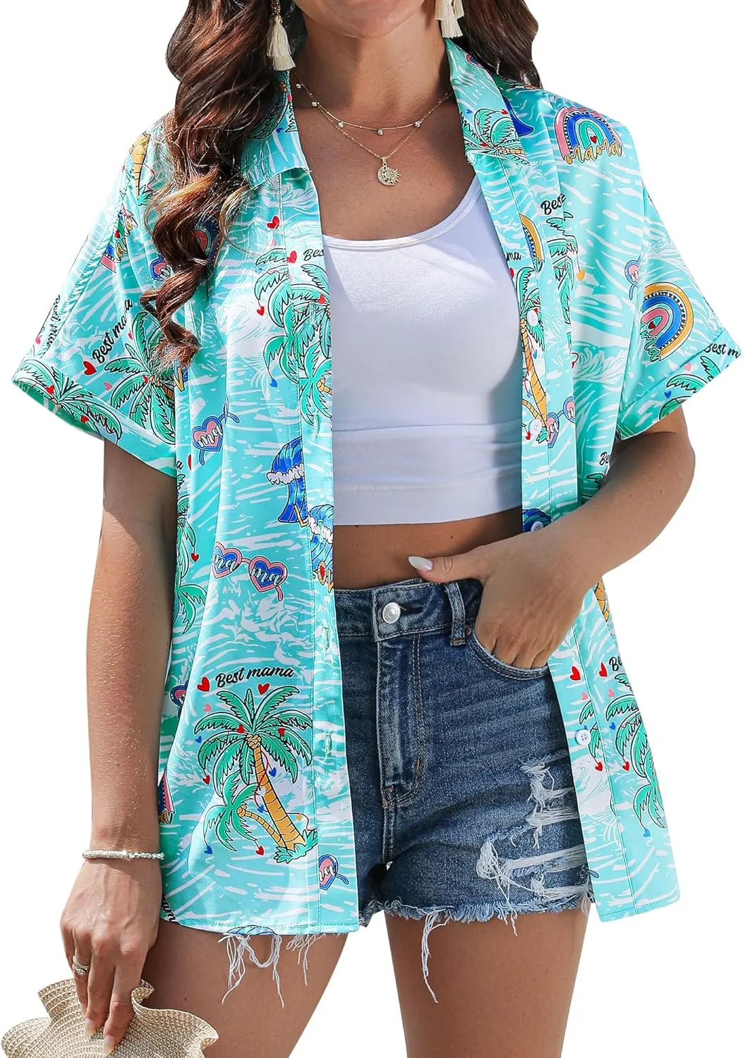 ZXZY Mama Shirt Hawaiian Short Sleeve Blouses Fourth of July Shirts for Women Vneck Tshirts Tops