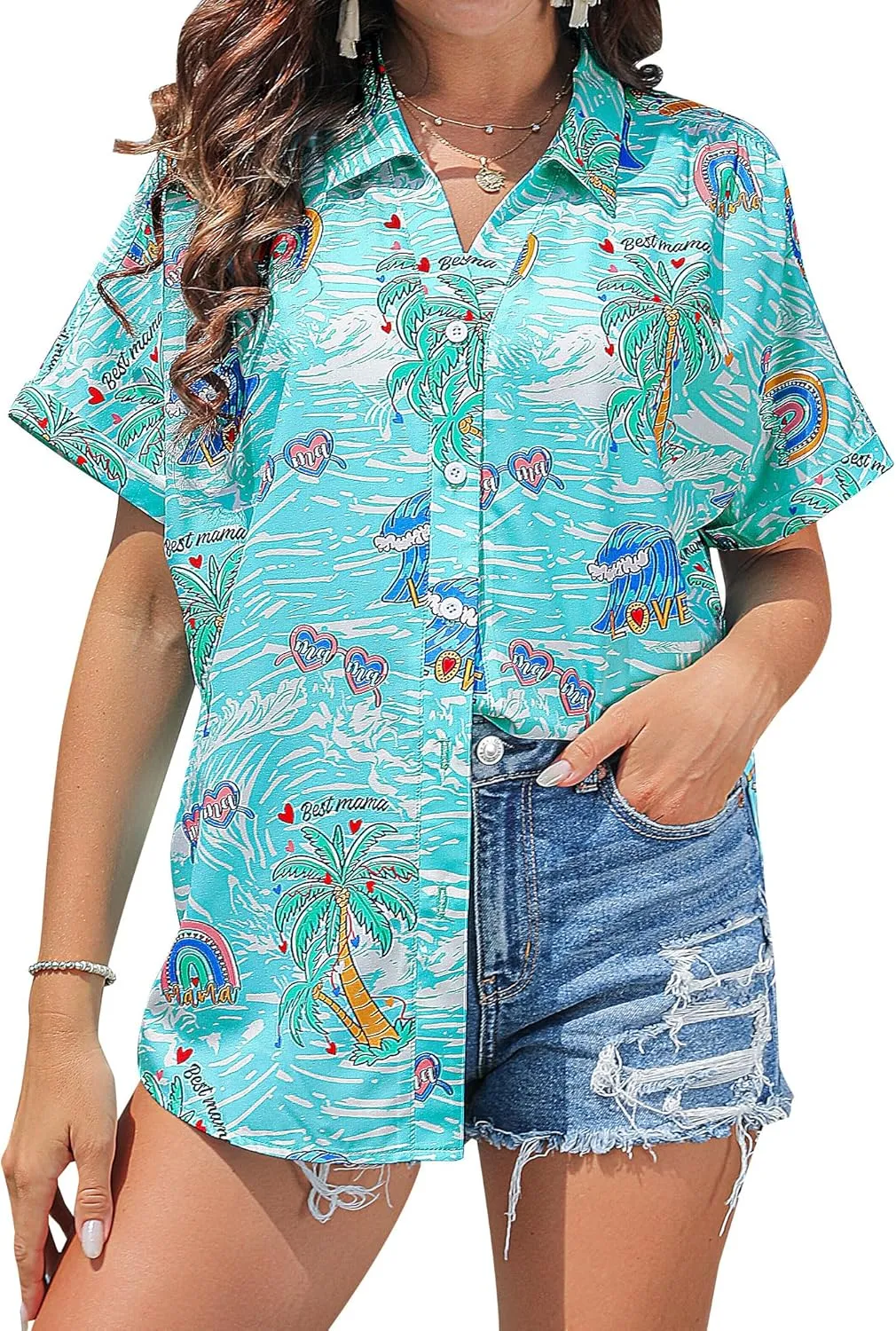 ZXZY Mama Shirt Hawaiian Short Sleeve Blouses Fourth of July Shirts for Women Vneck Tshirts Tops