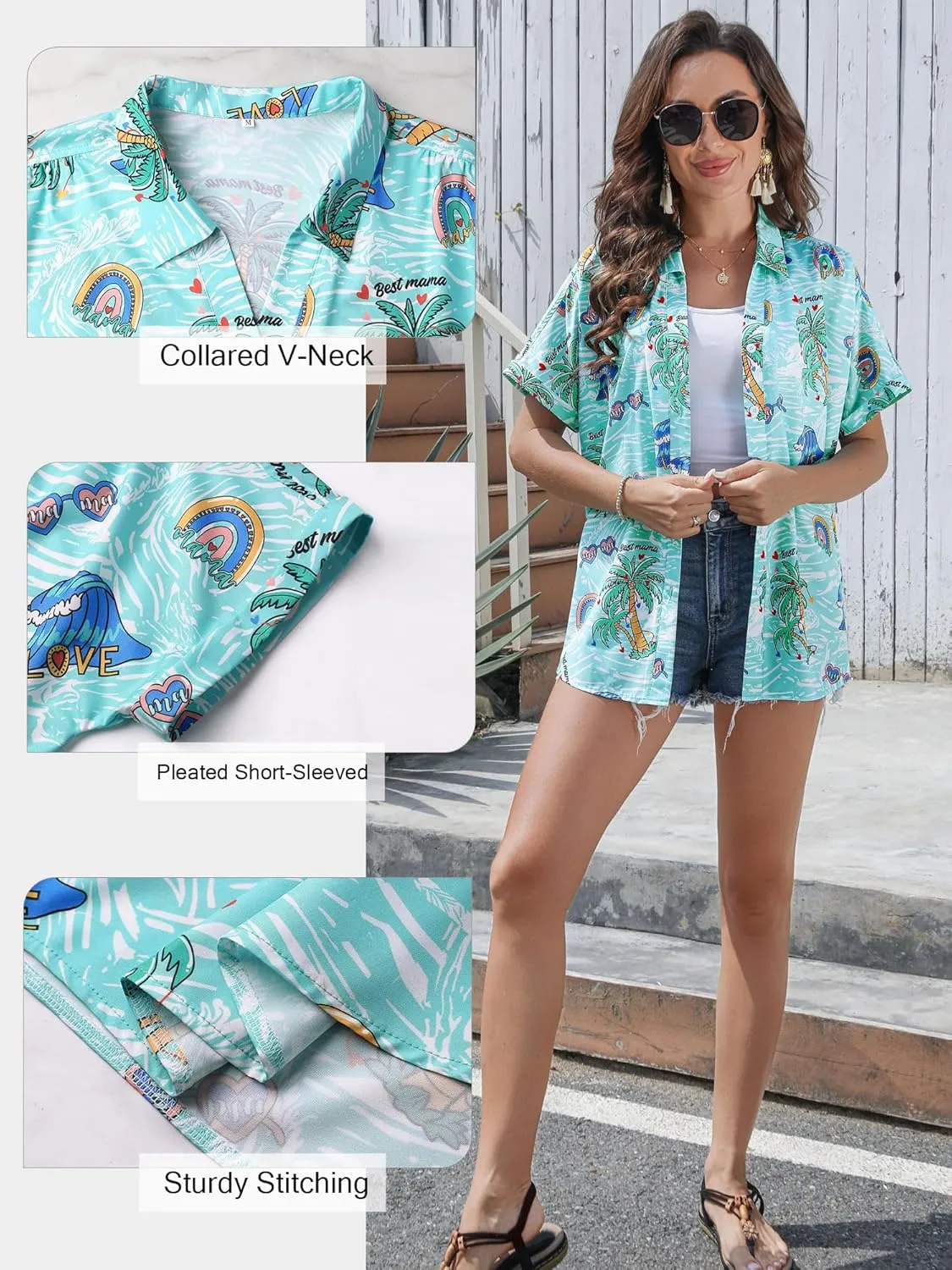 ZXZY Mama Shirt Hawaiian Short Sleeve Blouses Fourth of July Shirts for Women Vneck Tshirts Tops
