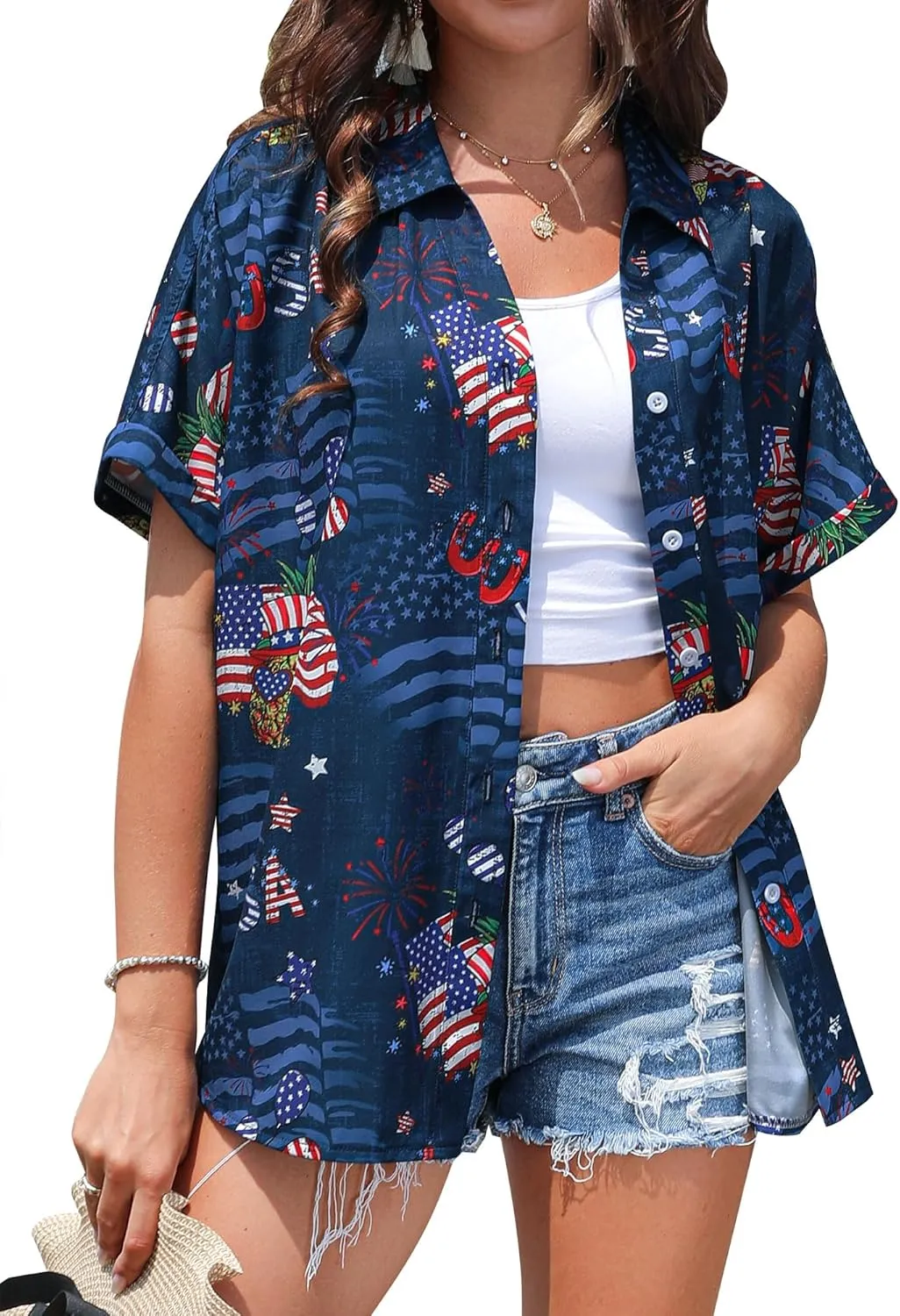 ZXZY Mama Shirt Hawaiian Short Sleeve Blouses Fourth of July Shirts for Women Vneck Tshirts Tops